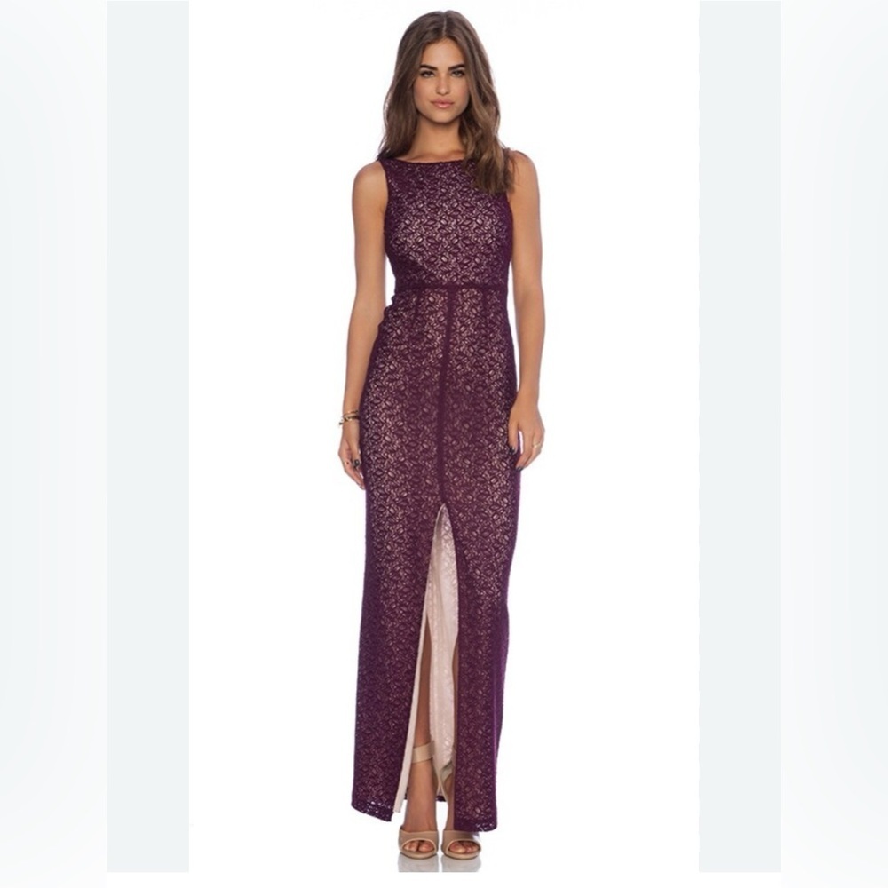 ALICE OLIVIA purple lace nude lining front slit formal dress US 0